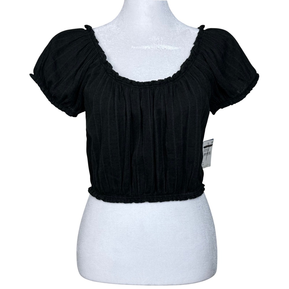 NEW Abound Crop Top Womens XS Black Short Puff Sleeve Peasant Cottagecore Boho